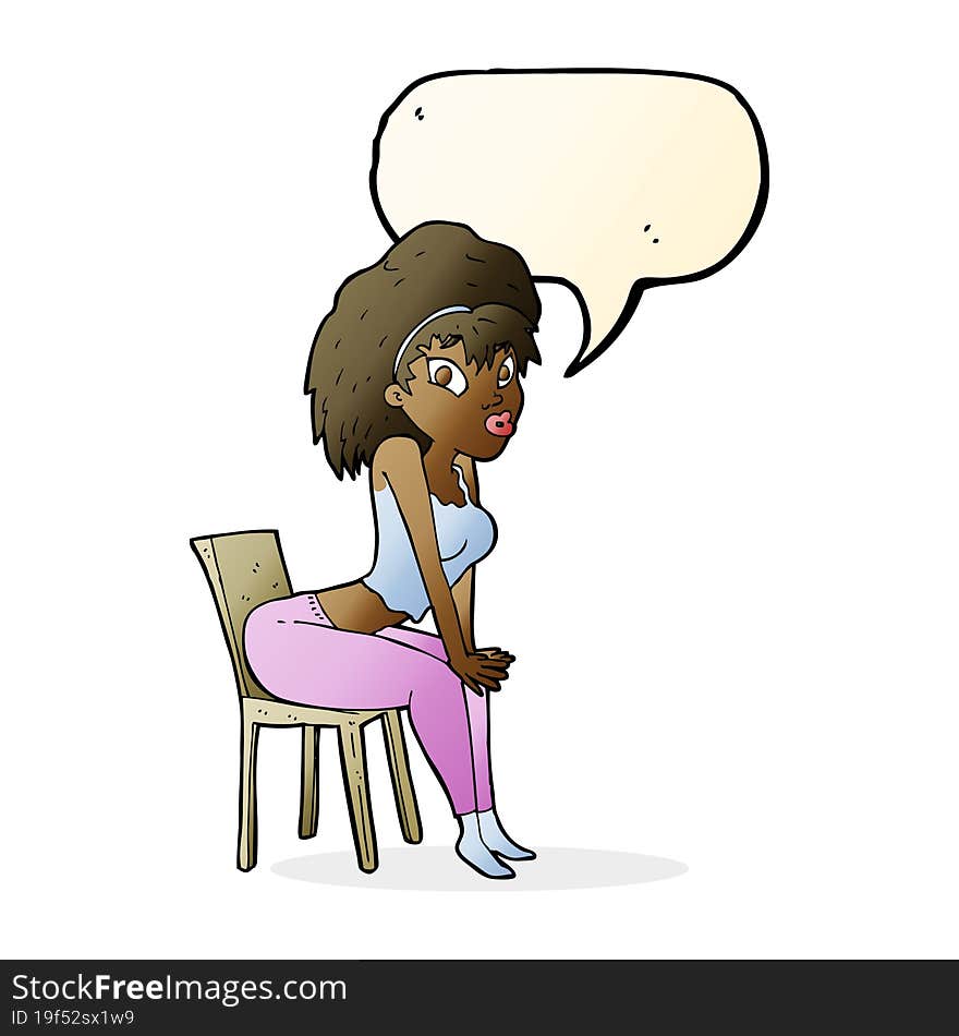 cartoon woman posing on chair with speech bubble