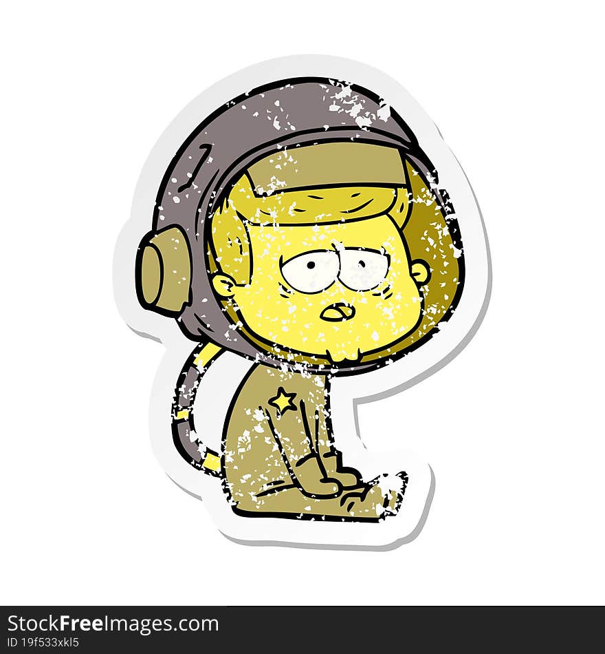 distressed sticker of a cartoon tired astronaut