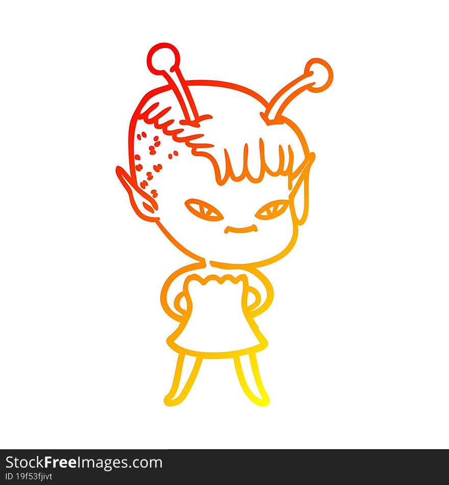 warm gradient line drawing of a cute cartoon alien girl