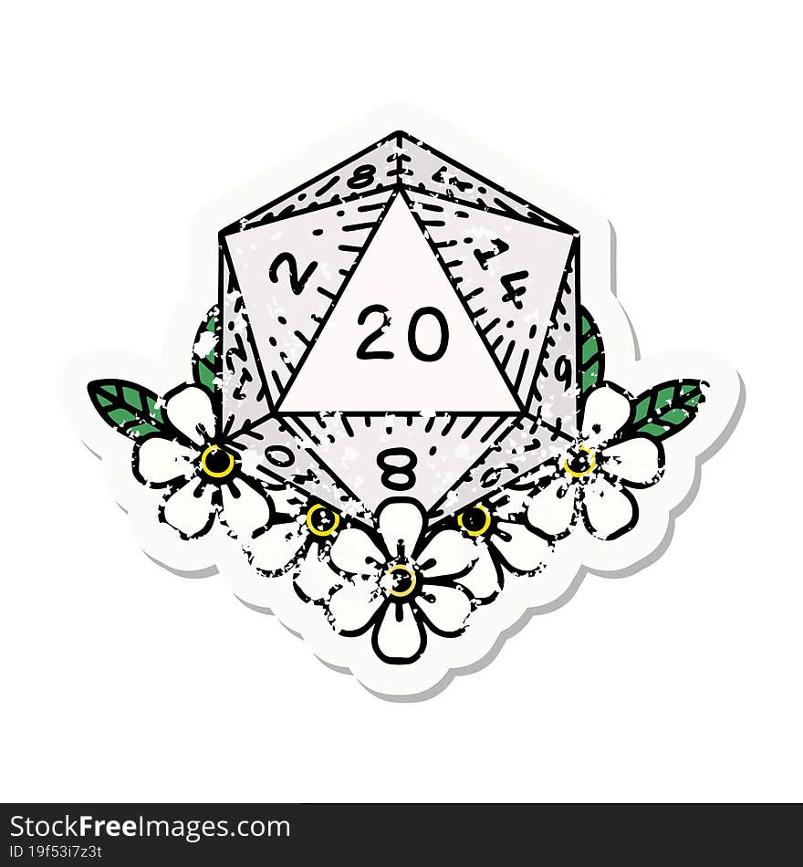 natural 20 D20 dice roll with floral elements grunge sticker