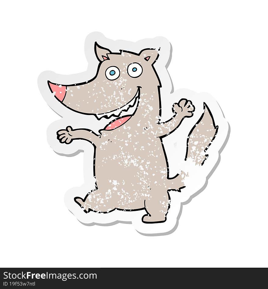 retro distressed sticker of a cartoon happy wolf