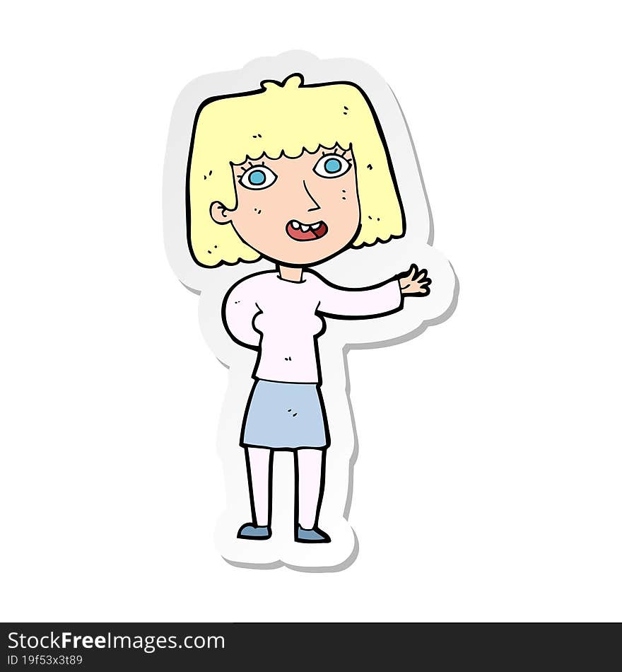 sticker of a cartoon friendly woman waving