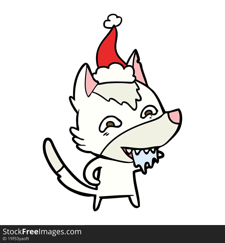 line drawing of a hungry wolf wearing santa hat