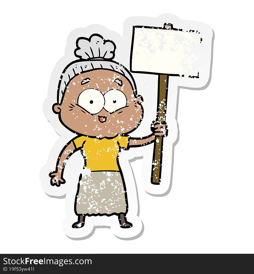 distressed sticker of a cartoon happy old woman