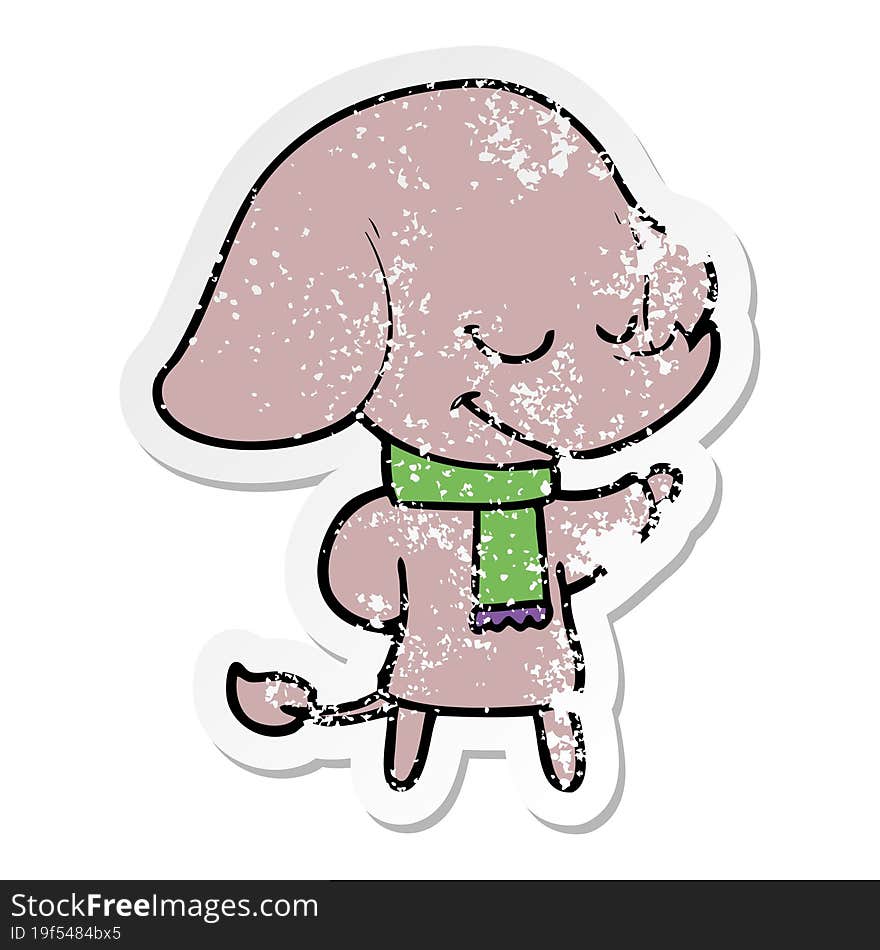 Distressed Sticker Of A Cartoon Smiling Elephant Wearing Scarf