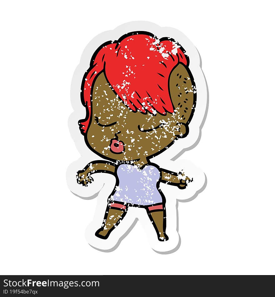 Distressed Sticker Of A Cartoon Pretty Hipster Girl