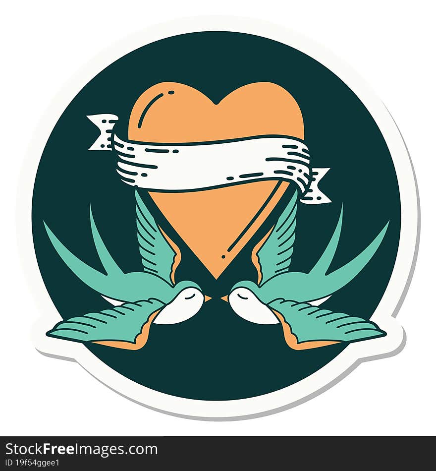 sticker of tattoo in traditional style of swallows and a heart with banner. sticker of tattoo in traditional style of swallows and a heart with banner