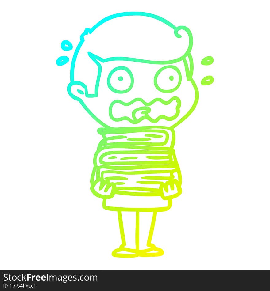 cold gradient line drawing cartoon man with books totally stressed out