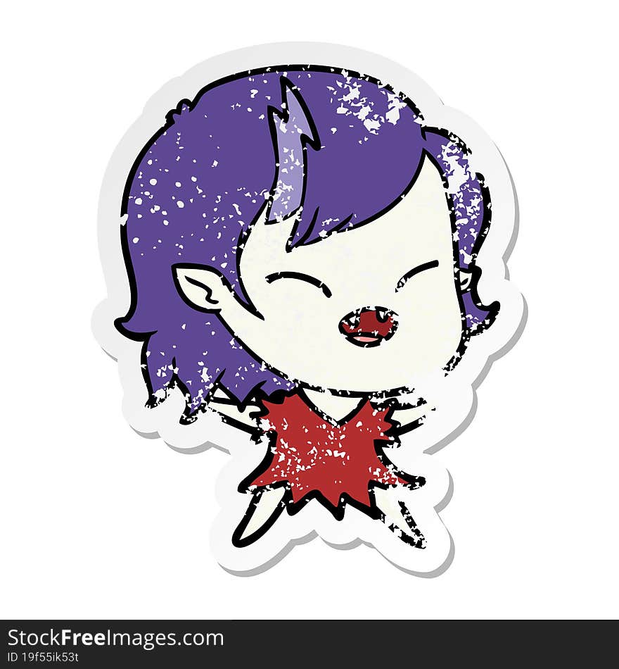 distressed sticker of a cartoon laughing vampire girl