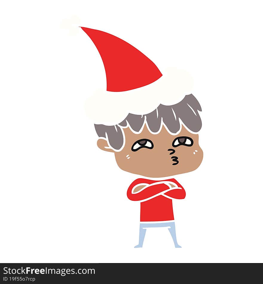 flat color illustration of a curious man wearing santa hat