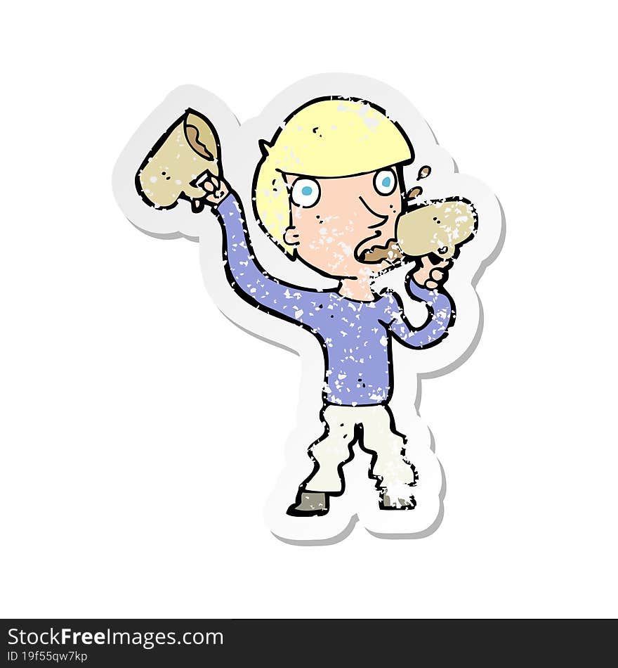 retro distressed sticker of a cartoon man drinking beer