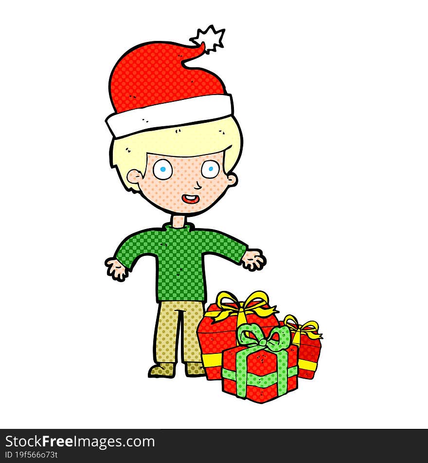 cartoon boy with christmas present. cartoon boy with christmas present