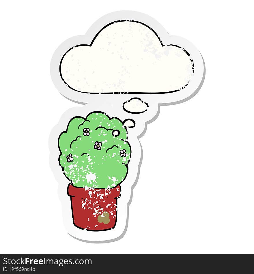 cartoon shrub and thought bubble as a distressed worn sticker