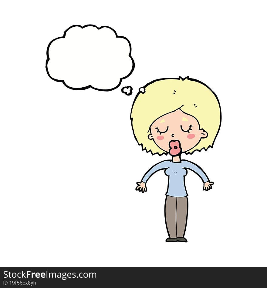 cartoon woman with closed eyes with thought bubble