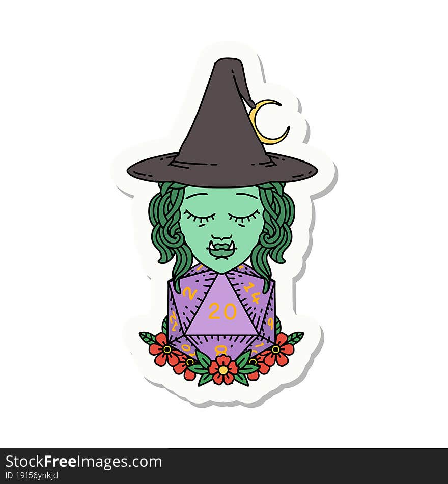 half orc wizard with natural twenty dice roll sticker