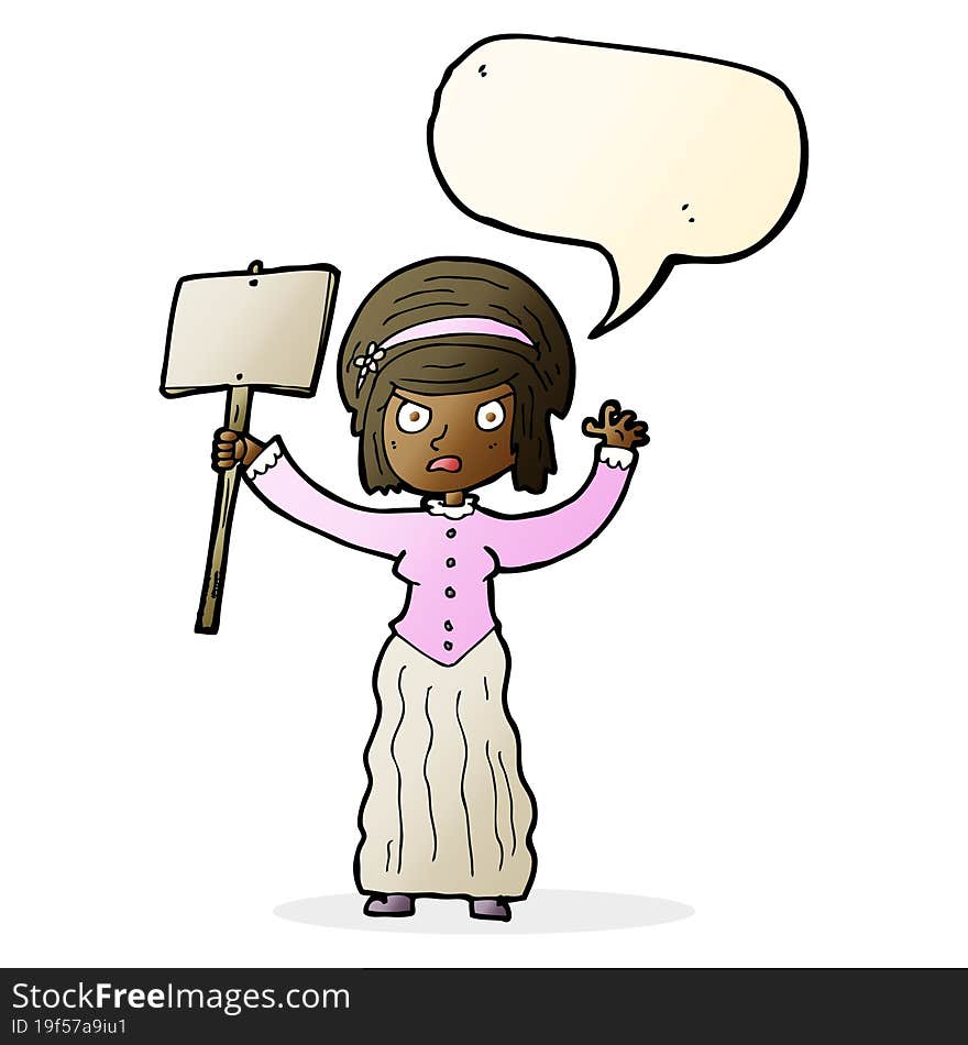 cartoon Victorian woman protesting with speech bubble