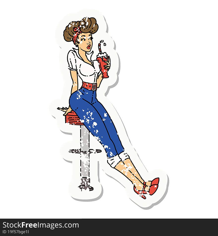 distressed sticker tattoo of a pinup girl drinking a milkshake