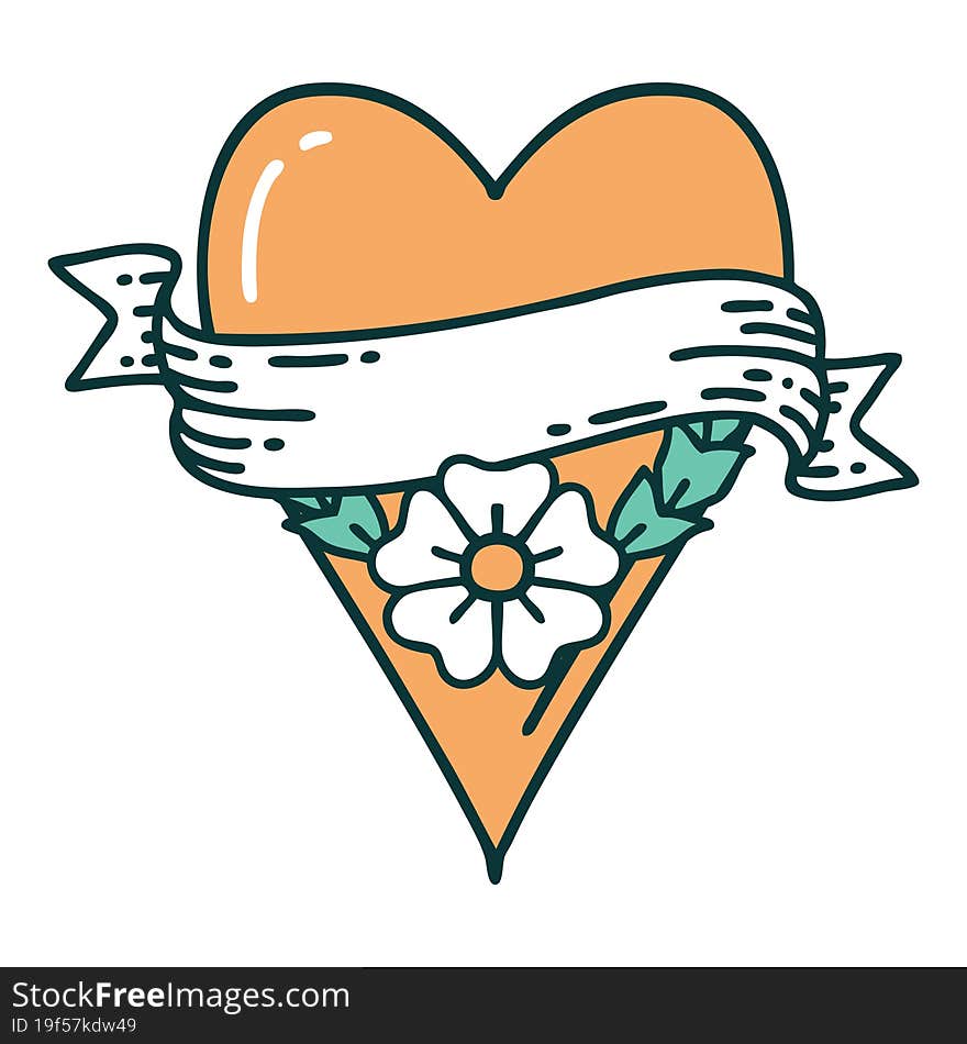 tattoo style icon of a heart flower and banner