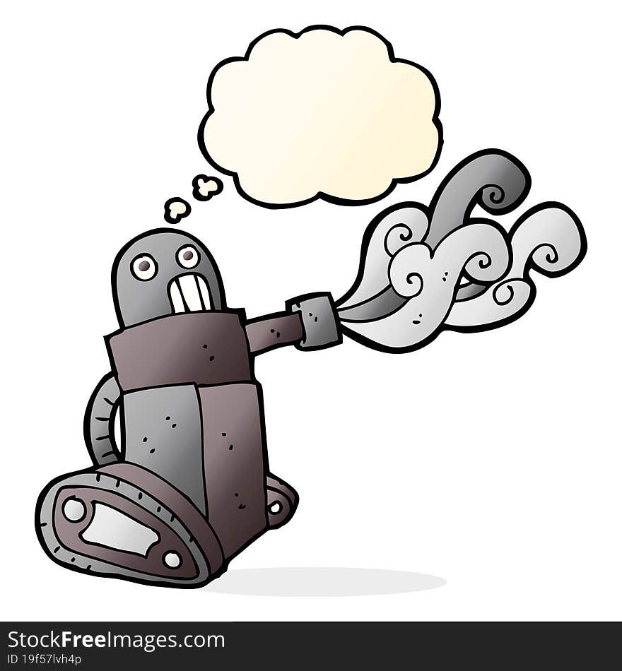 cartoon tank robot with thought bubble