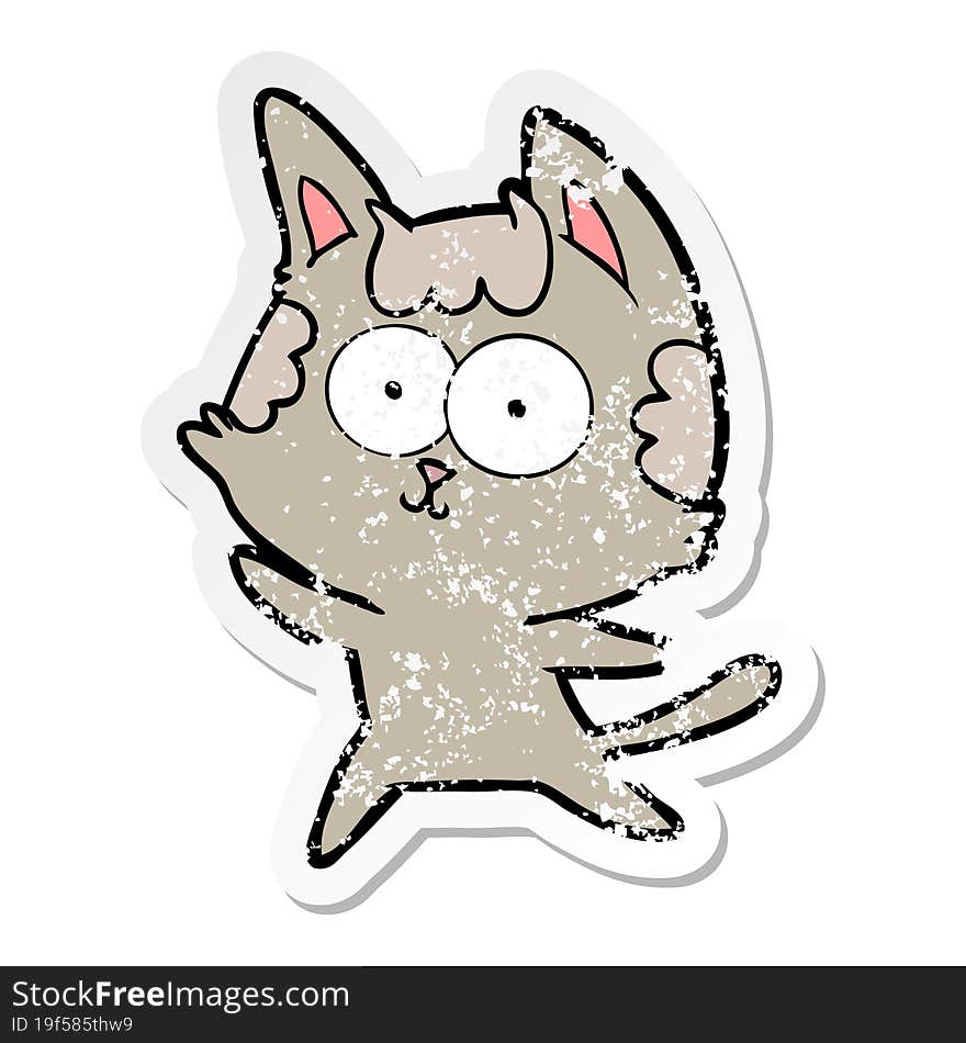 distressed sticker of a happy cartoon cat