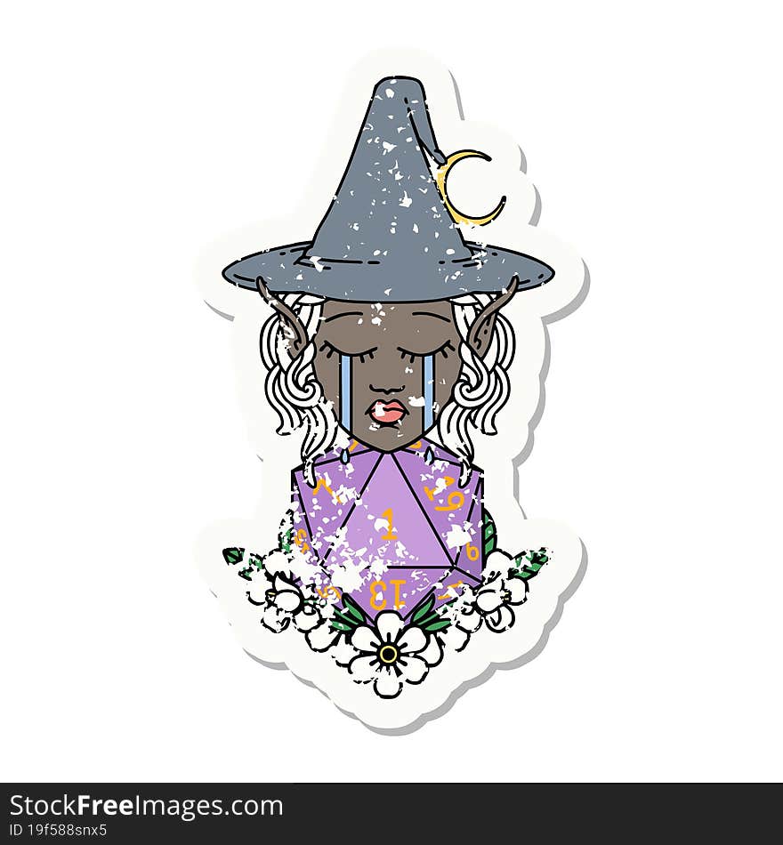 crying elf witch with natural one D20 roll illustration