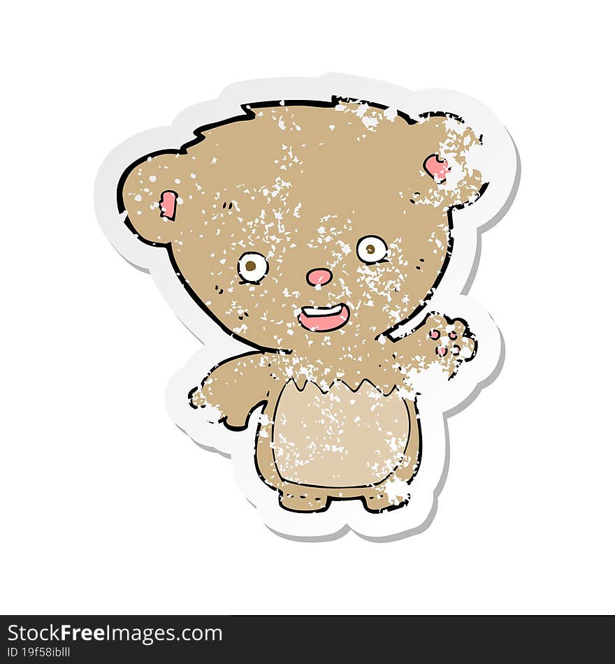 retro distressed sticker of a cartoon teddy bear waving