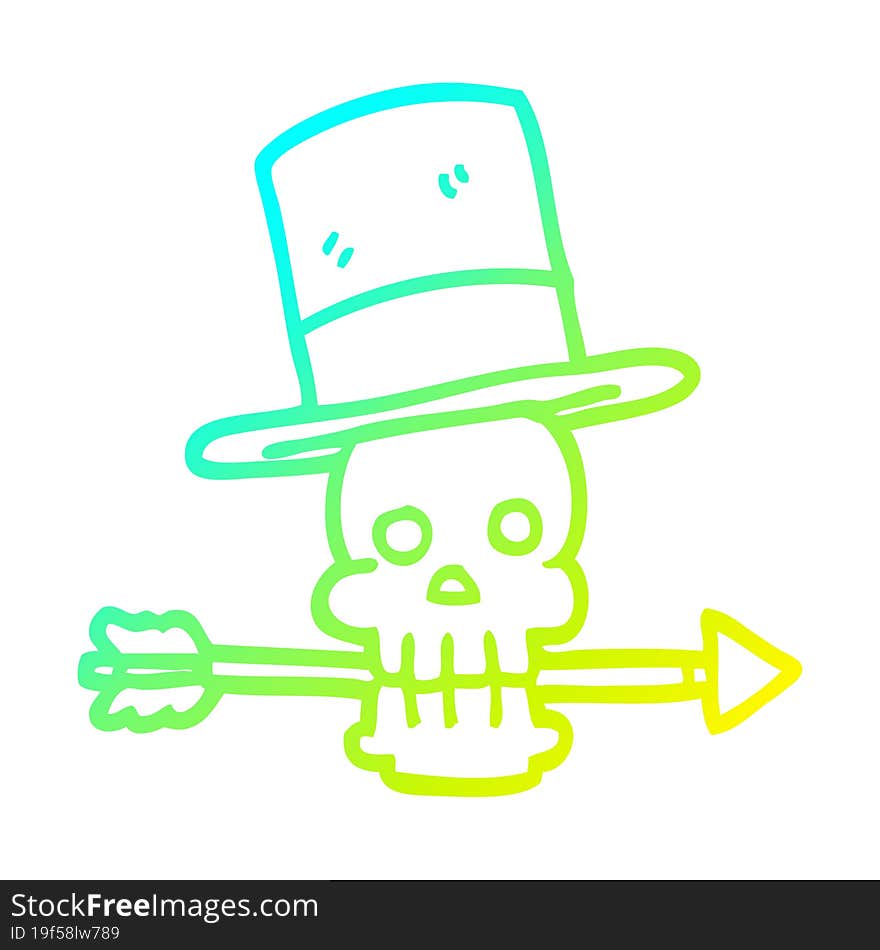 Cold Gradient Line Drawing Cartoon Skull With Top Hat And Arrow