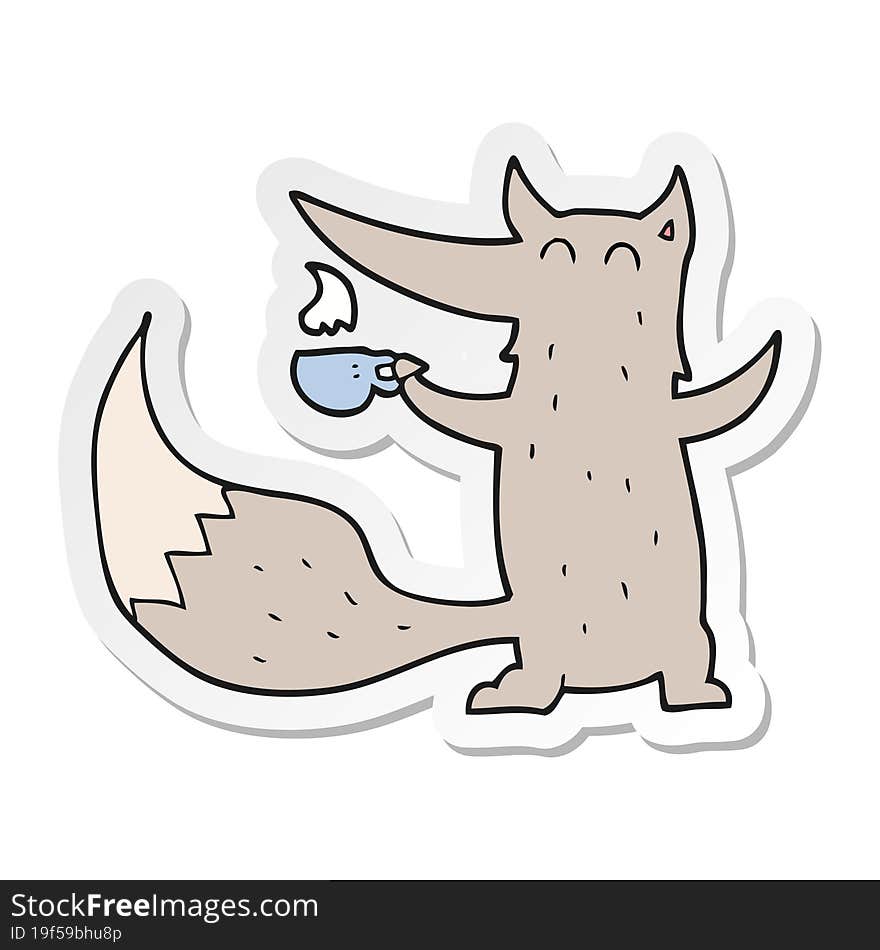 Sticker Of A Cartoon Wolf With Coffee Cup