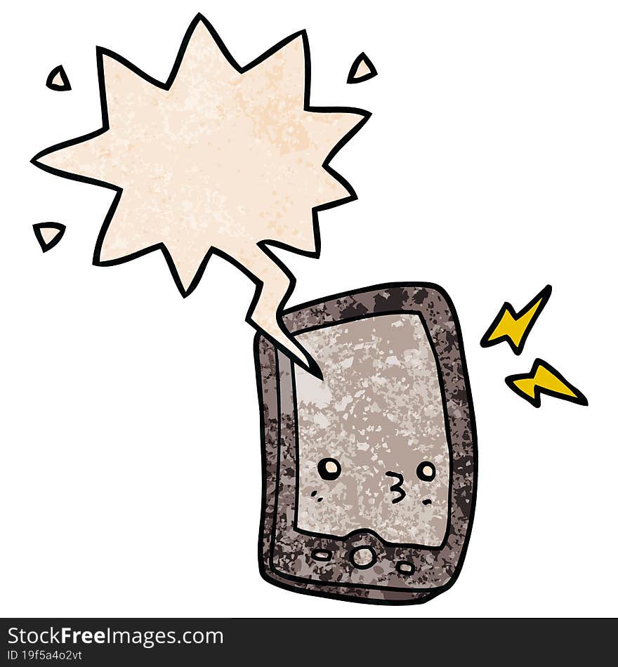 cartoon mobile phone with speech bubble in retro texture style