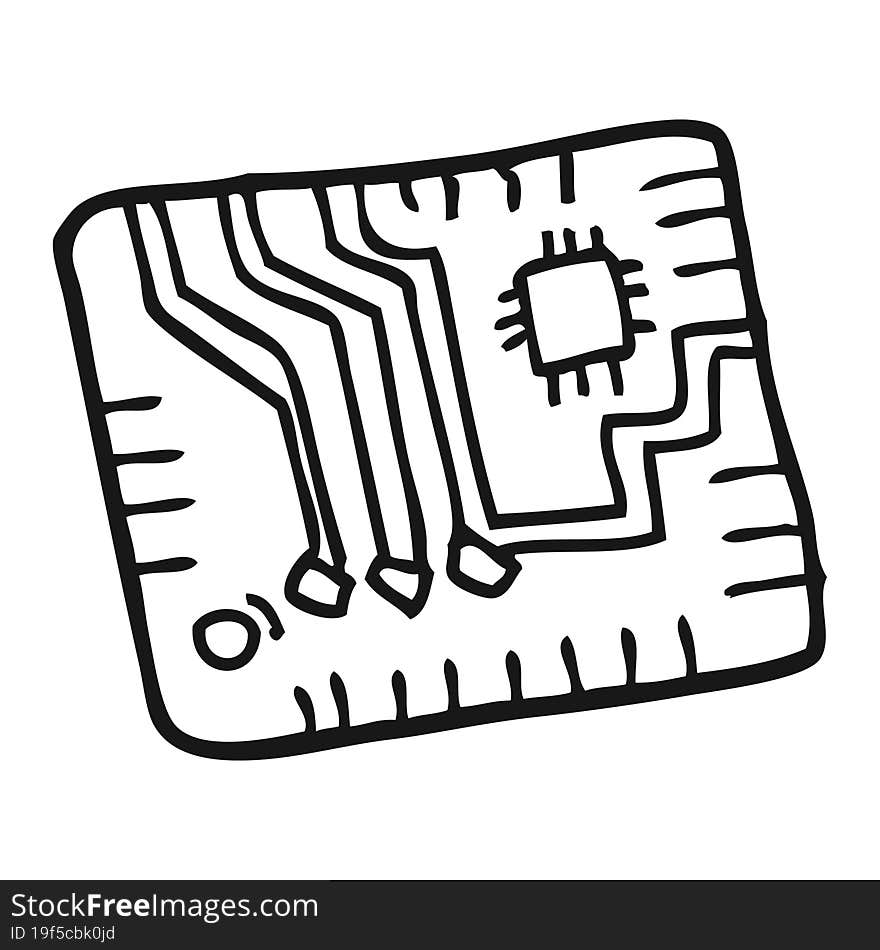 freehand drawn black and white cartoon computer circuitboard