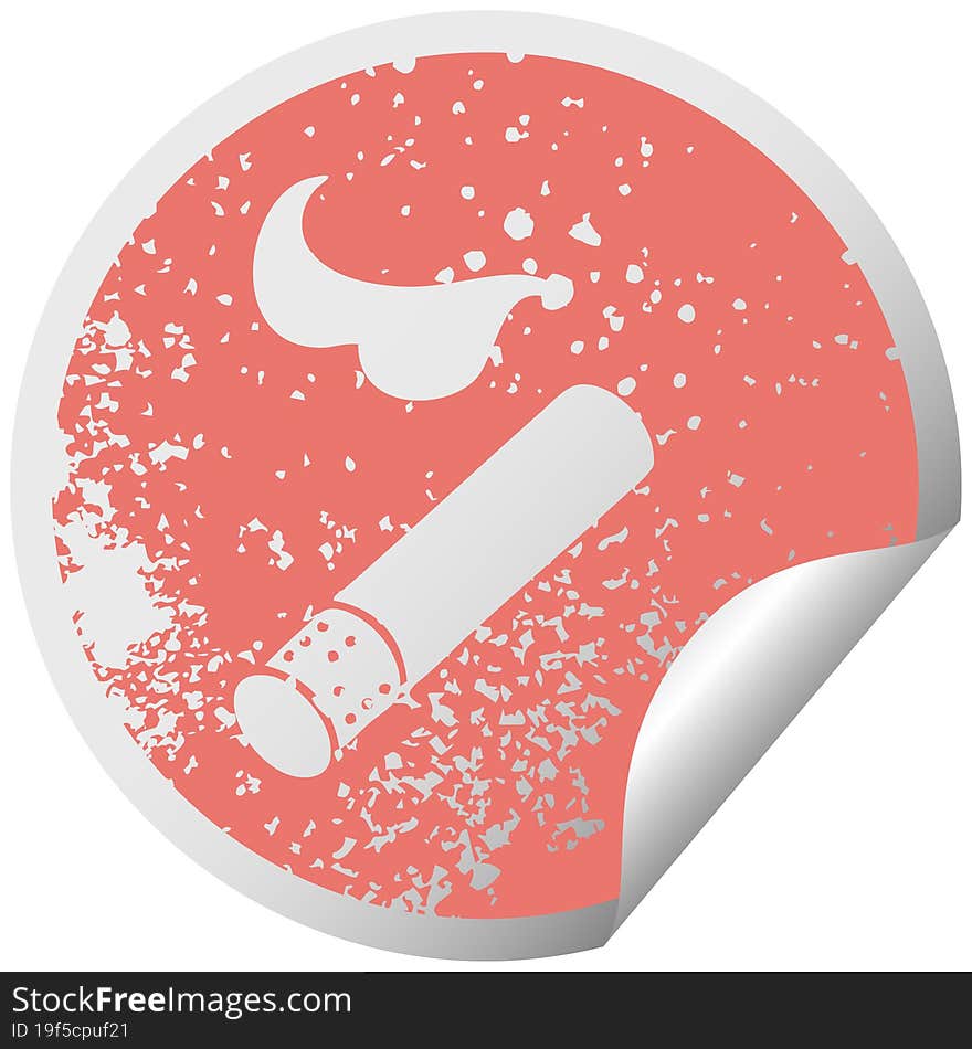 distressed circular peeling sticker symbol of a smoking cigarette