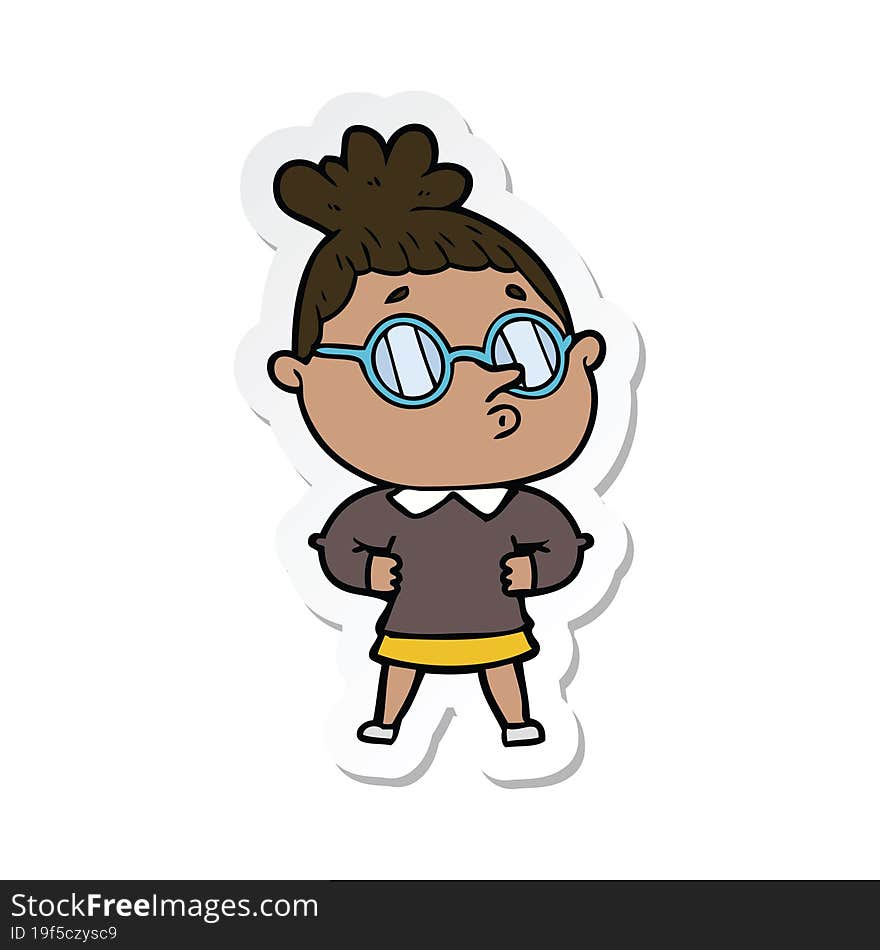 Sticker Of A Cartoon Woman Wearing Glasses