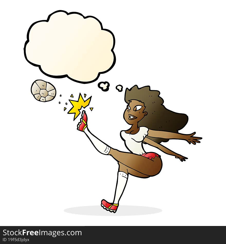 cartoon female soccer player kicking ball with thought bubble