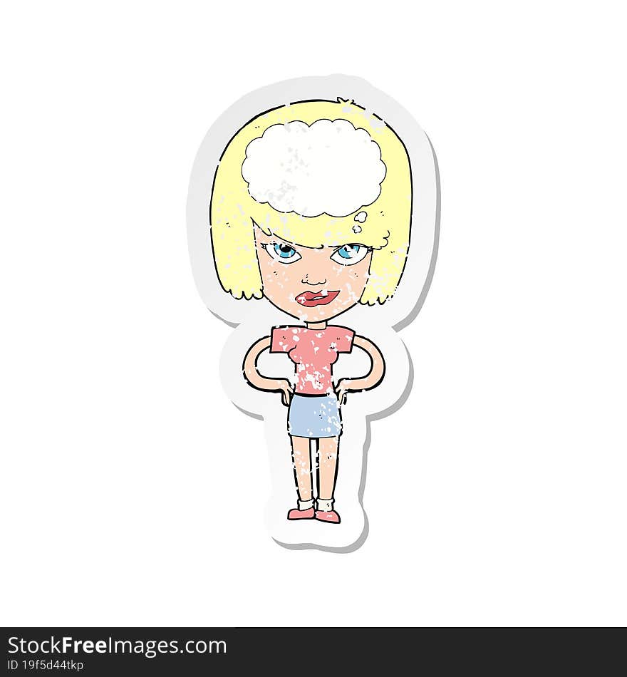 Retro Distressed Sticker Of A Cartoon Woman Thinking