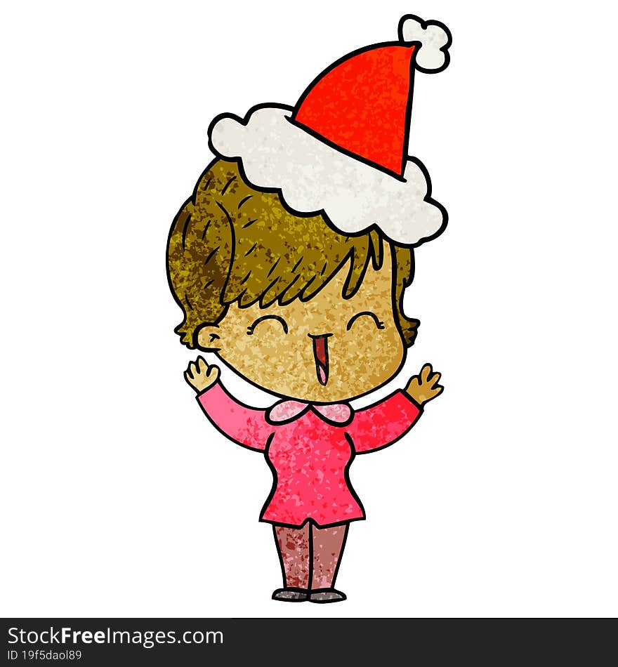 hand drawn textured cartoon of a laughing woman wearing santa hat