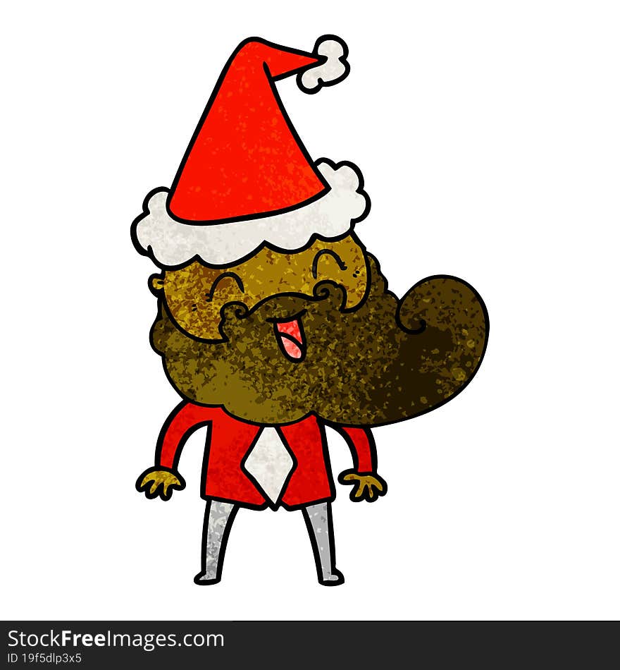 hand drawn textured cartoon of a happy bearded man wearing santa hat