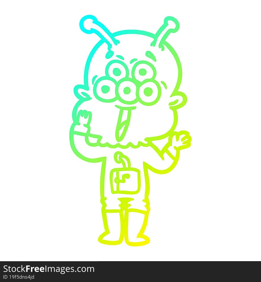 cold gradient line drawing of a happy cartoon alien