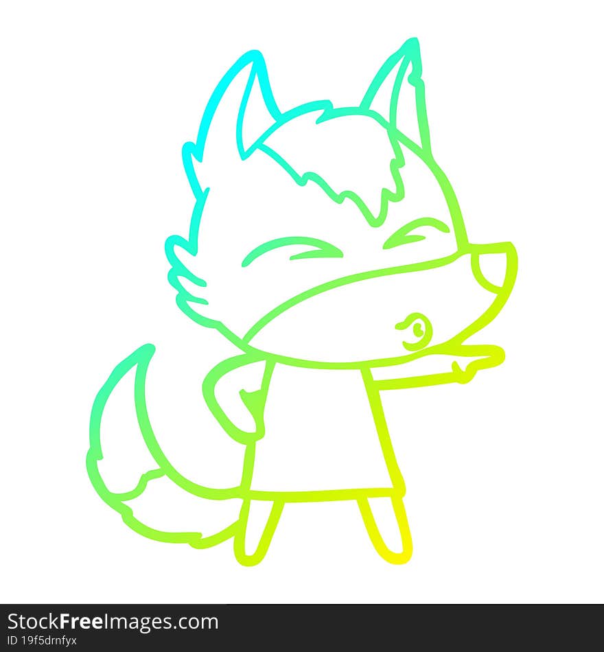 cold gradient line drawing cartoon wolf girl whistling and pointing