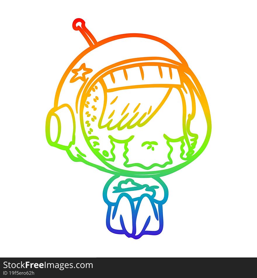 rainbow gradient line drawing cartoon crying astronaut girl