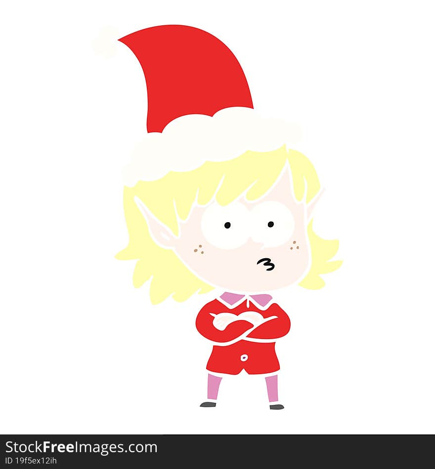 hand drawn flat color illustration of a elf girl staring wearing santa hat