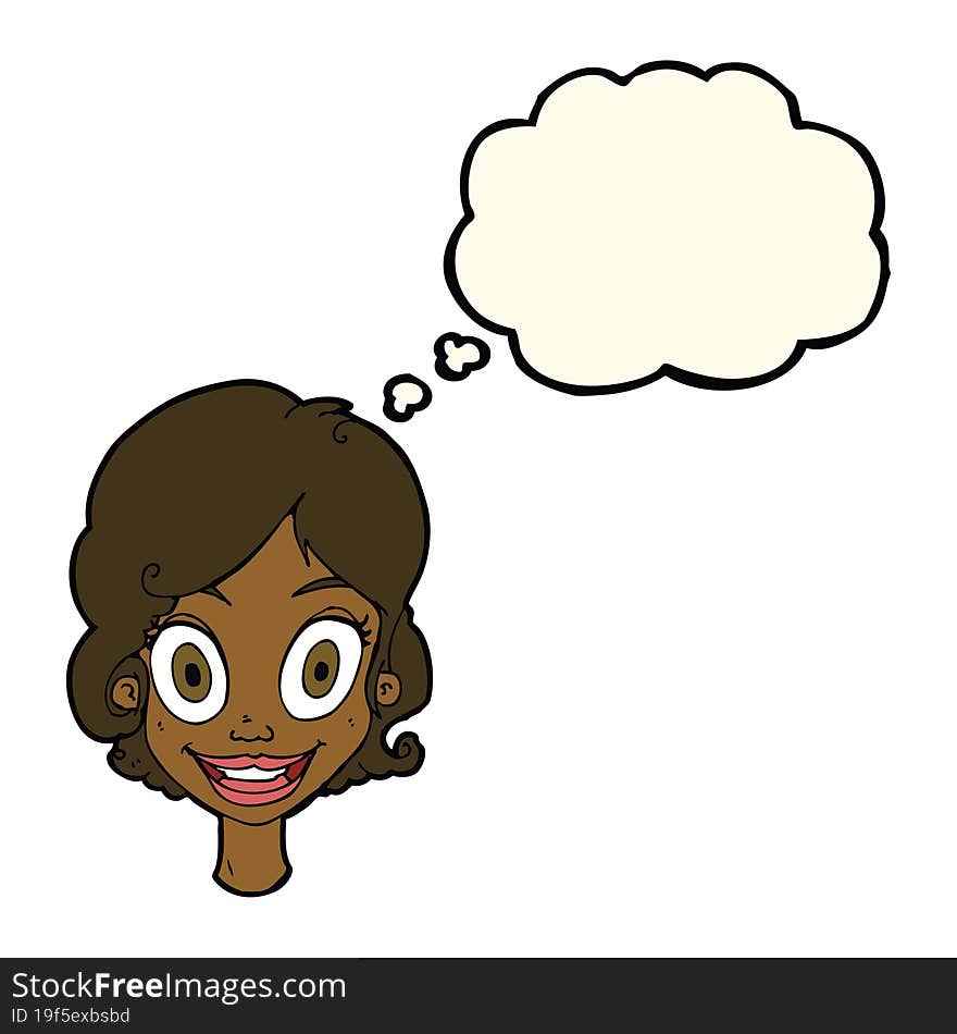 cartoon happy woman with thought bubble