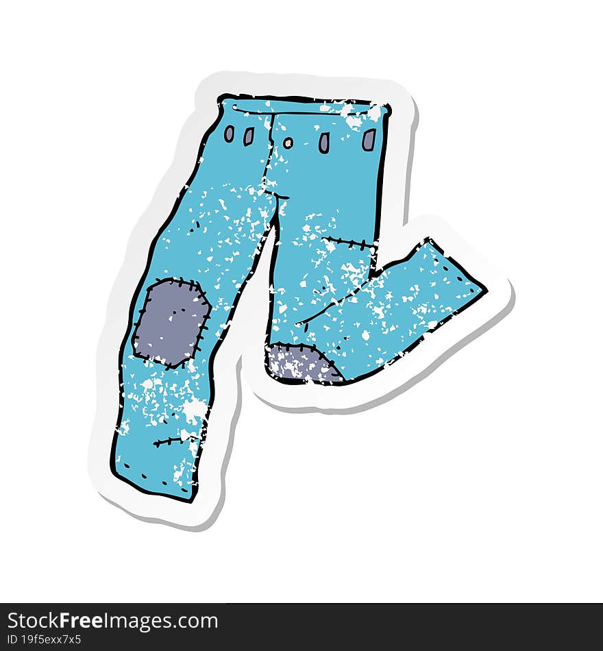 retro distressed sticker of a cartoon patched old jeans