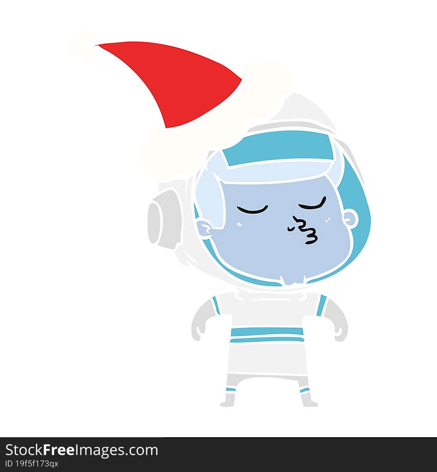 flat color illustration of a confident astronaut wearing santa hat