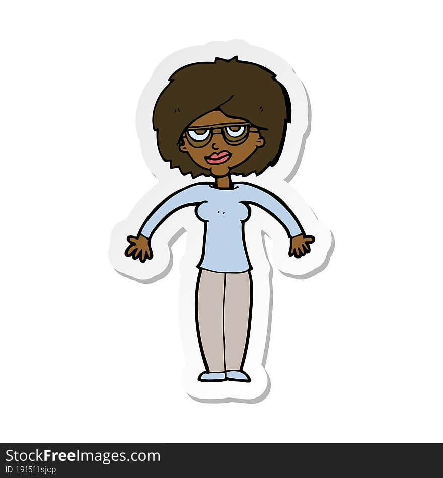 sticker of a cartoon woman shrugging shoulders