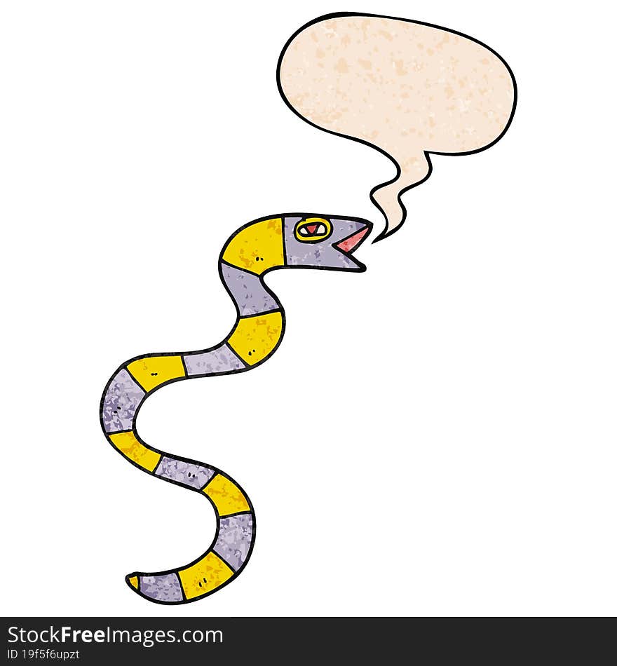 hissing cartoon snake and speech bubble in retro texture style