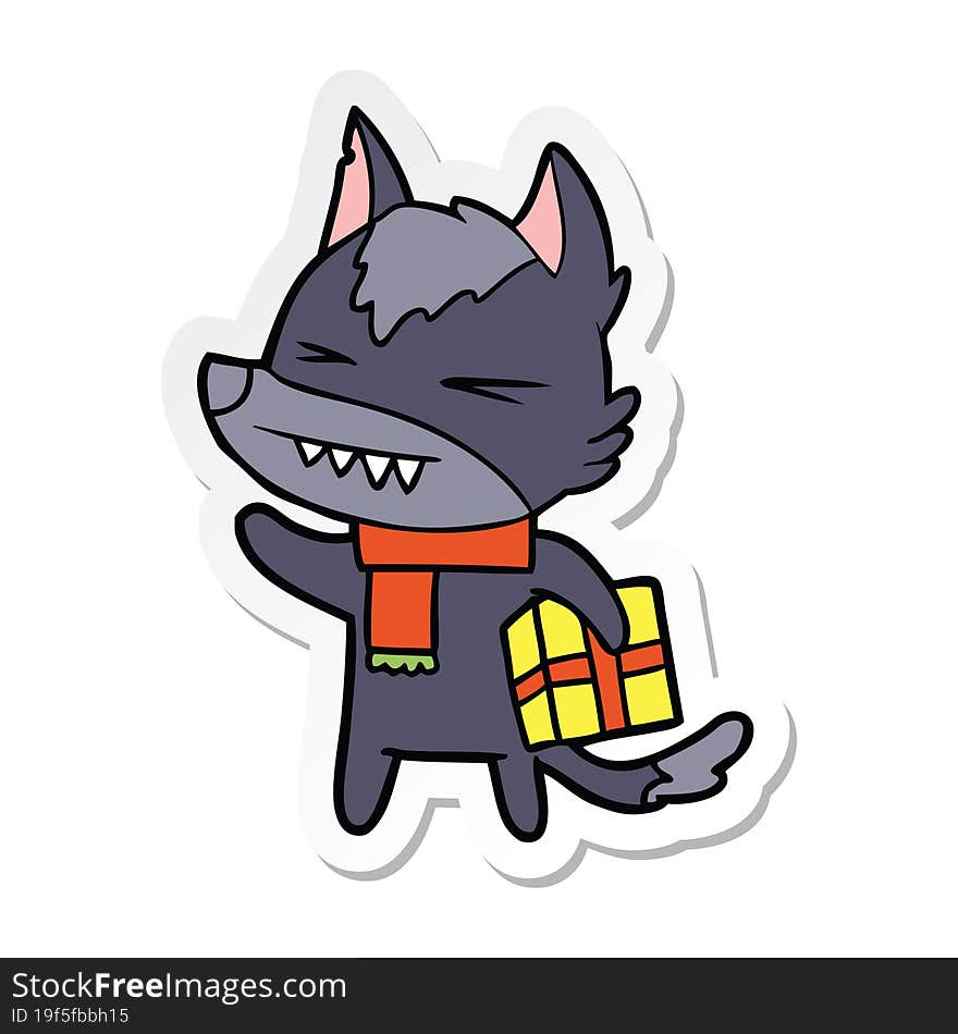 sticker of a angry christmas wolf cartoon