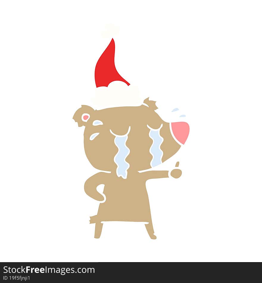 flat color illustration of a crying bear wearing santa hat