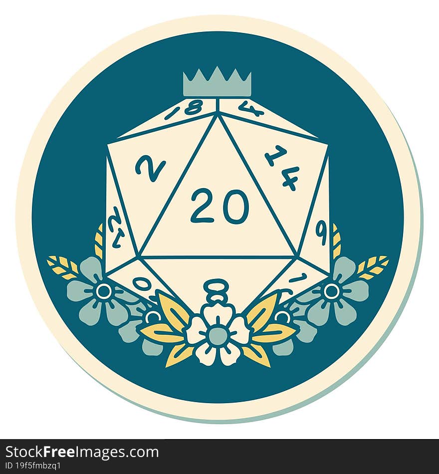 sticker of tattoo in traditional style of a d20. sticker of tattoo in traditional style of a d20