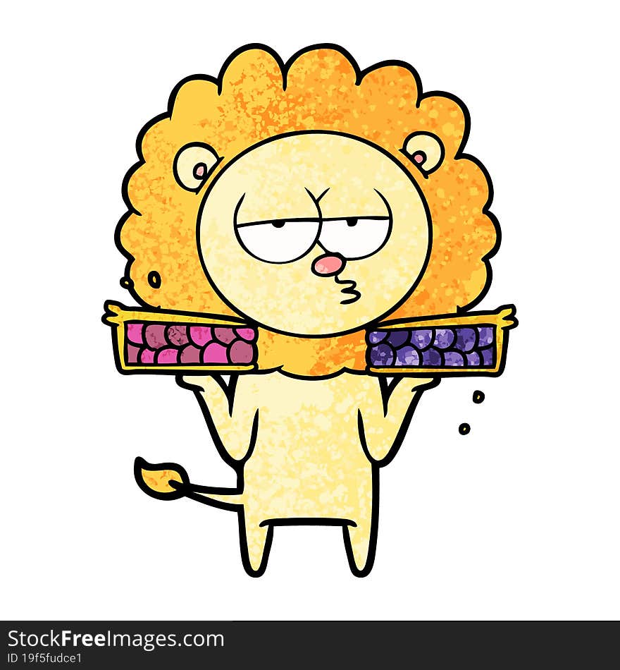 cartoon bored lion with pies. cartoon bored lion with pies