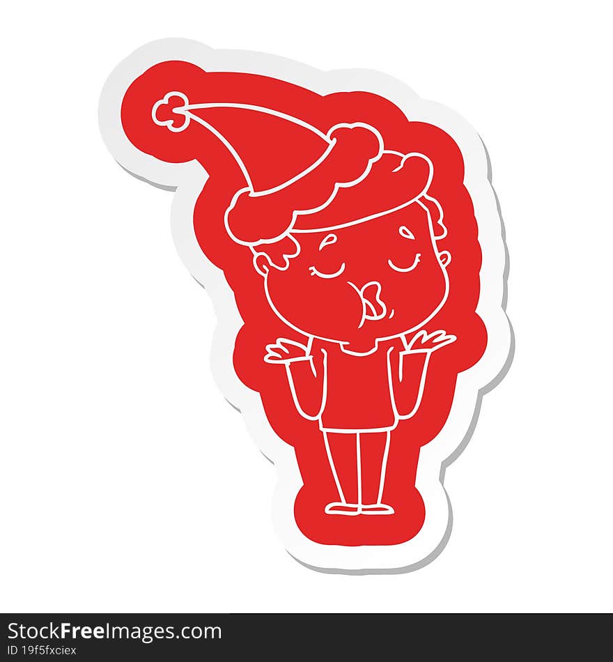 quirky cartoon  sticker of a man talking and shrugging shoulders wearing santa hat